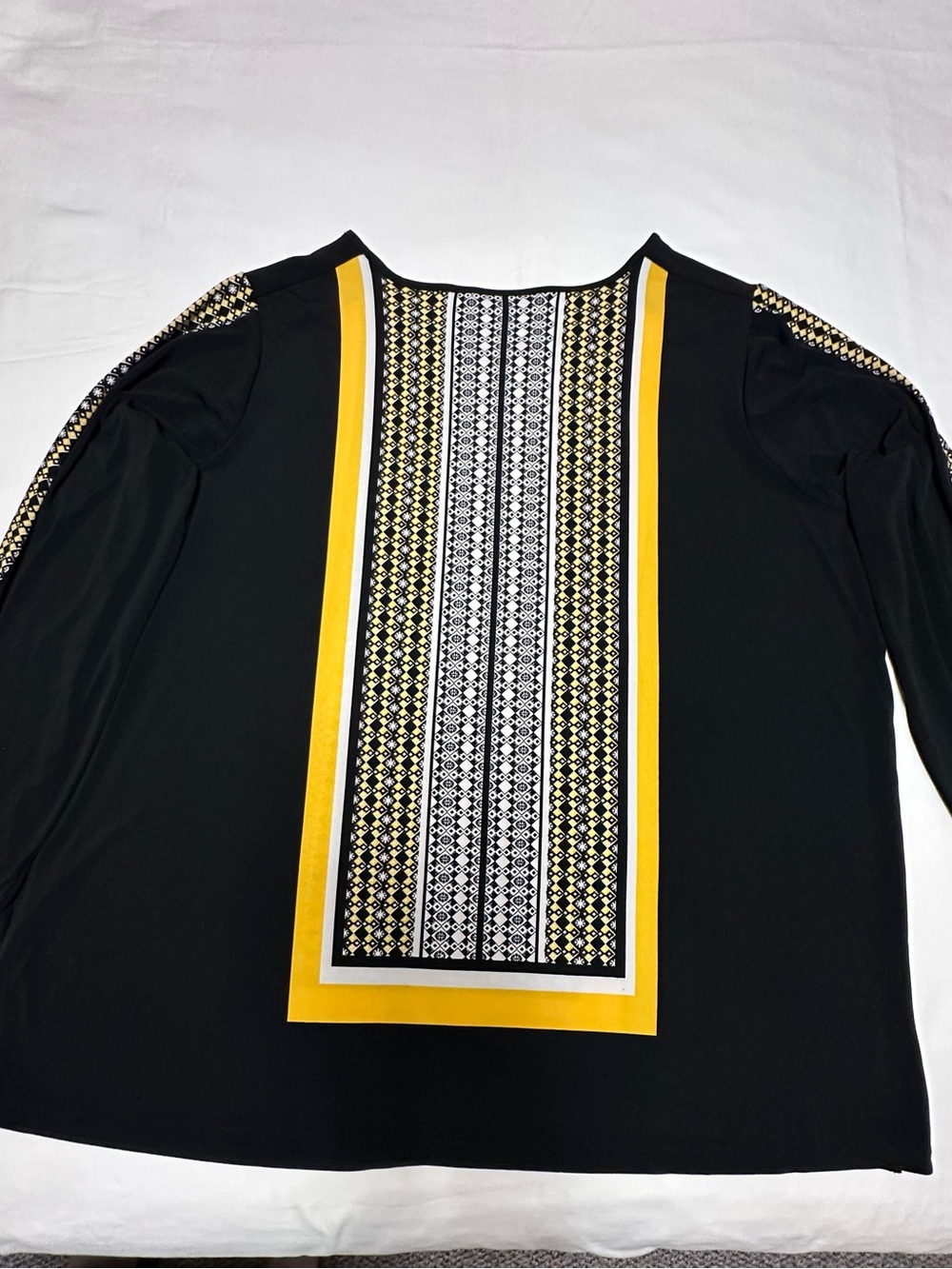 Susan Graver Black Liquid Knit Top w/ Yellow and White Panels And Sleeve Detail